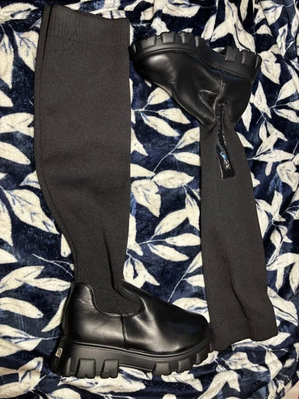 Black Knit Sock Boots Lug Sole Over-the-Knee Size 39